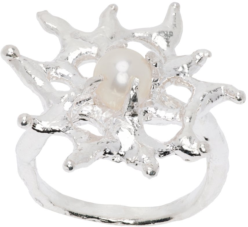 Silver Floweret Abstract Organic Floral Ring