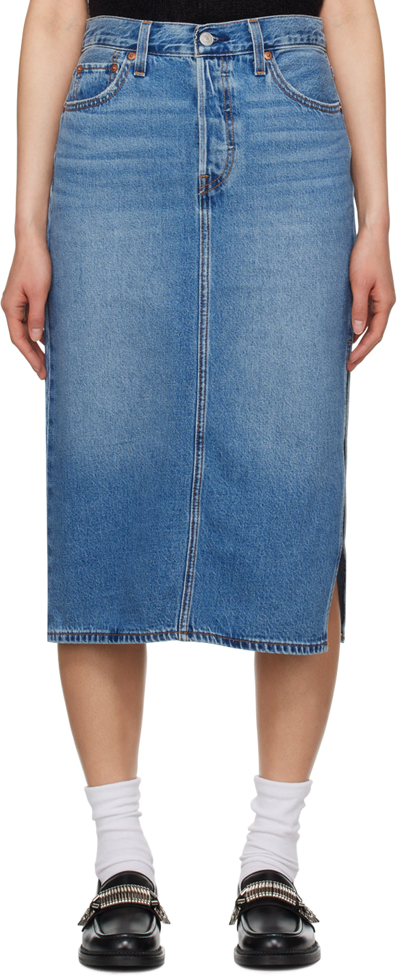 Blue Side Slit Denim Midi Skirt