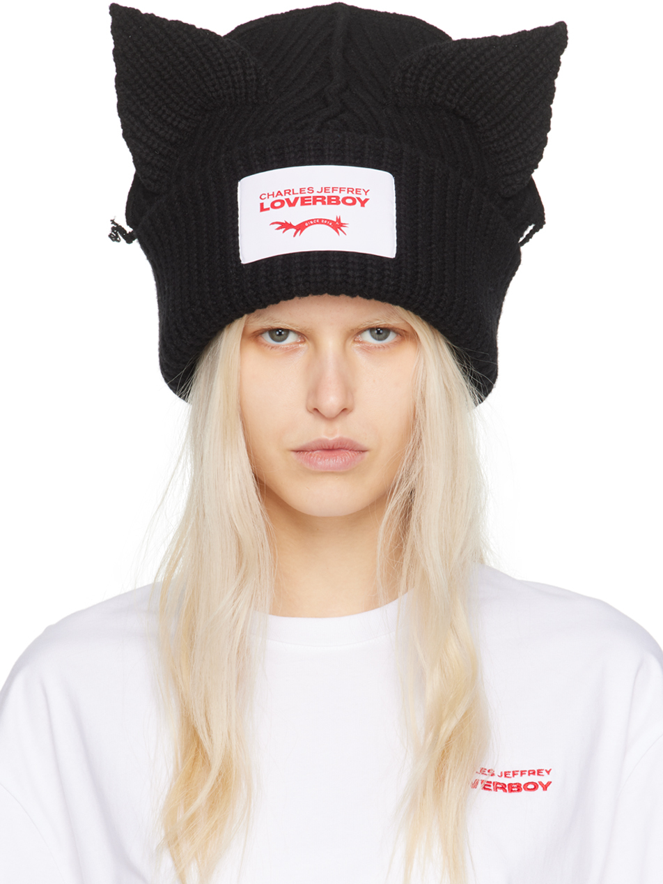 Black Supersized Chunky Ears Beanie by Charles Jeffrey LOVERBOY on 