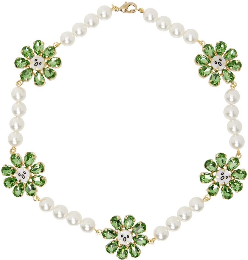 Shop Charles Jeffrey Loverboy White & Green Crazy Daisy Pearl Necklace In Pearl/emerald