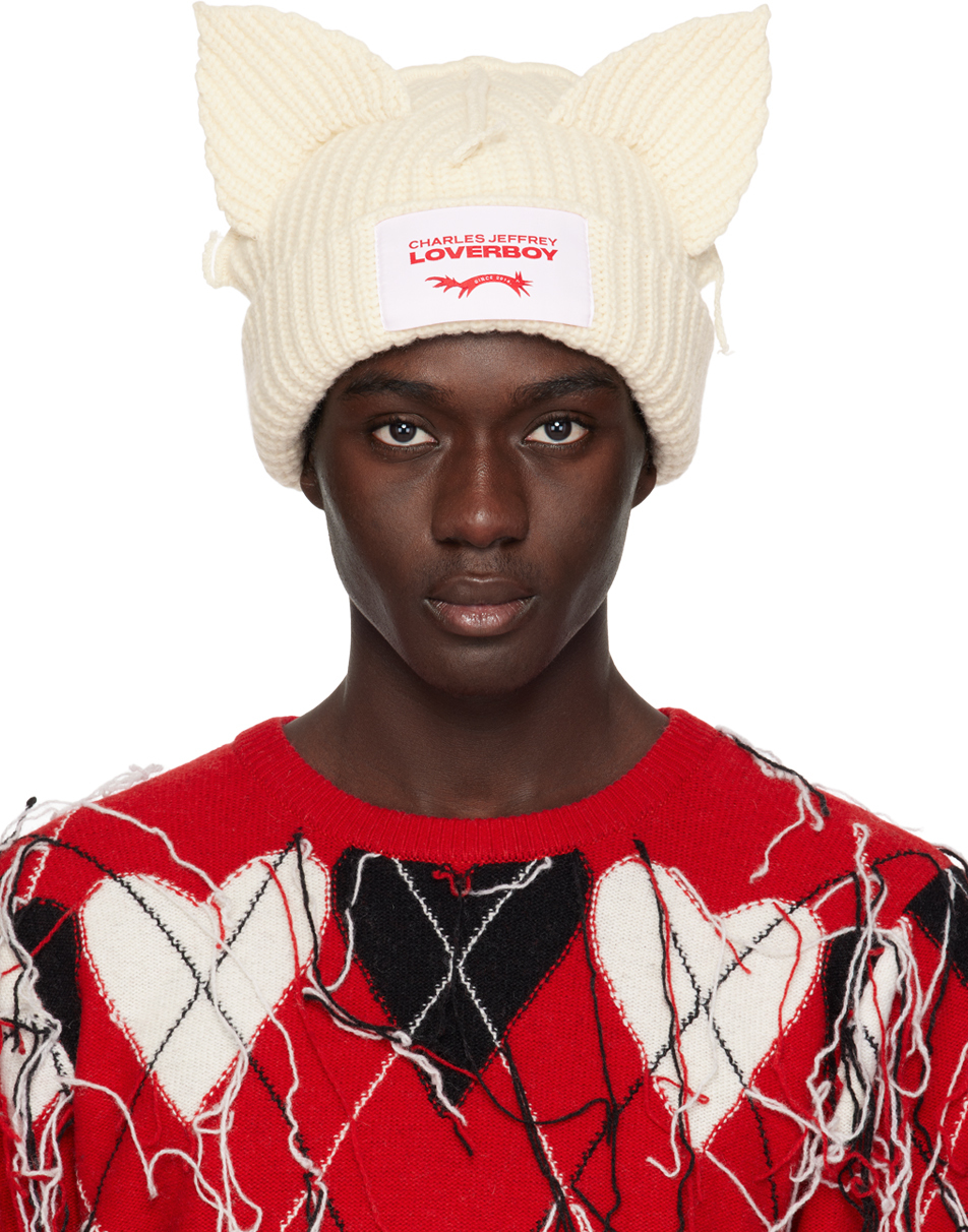 Off-White Chunky Ears Beanie by Charles Jeffrey LOVERBOY on Sale