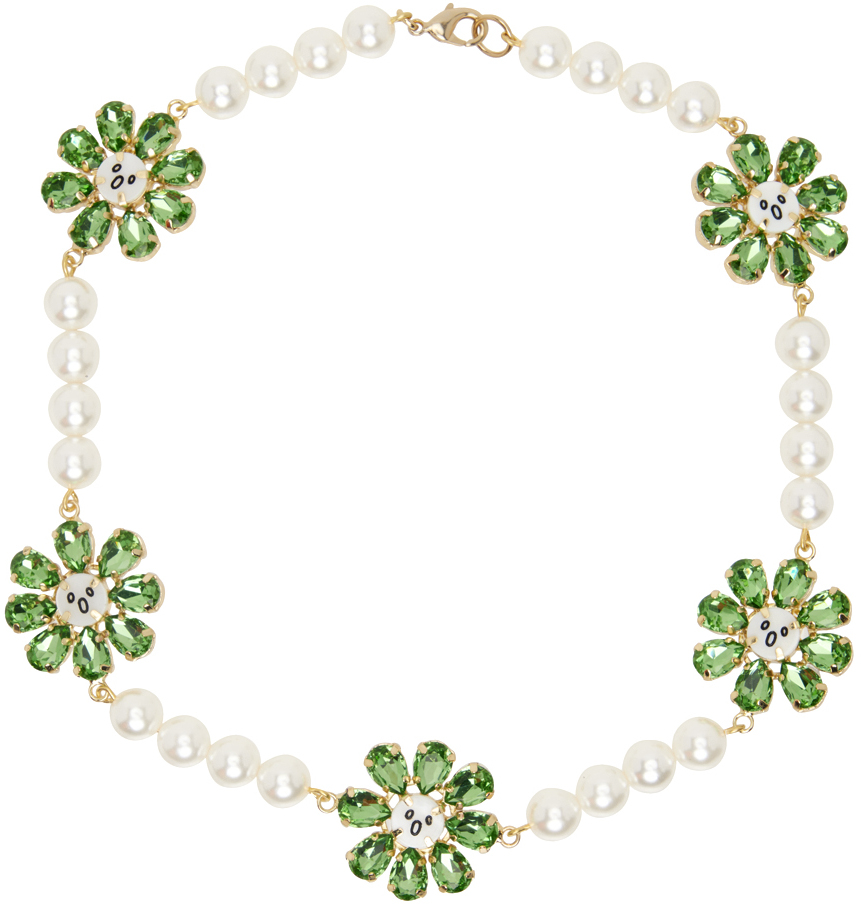 Shop Charles Jeffrey Loverboy White & Green Crazy Daisy Pearl Necklace In Peaemr