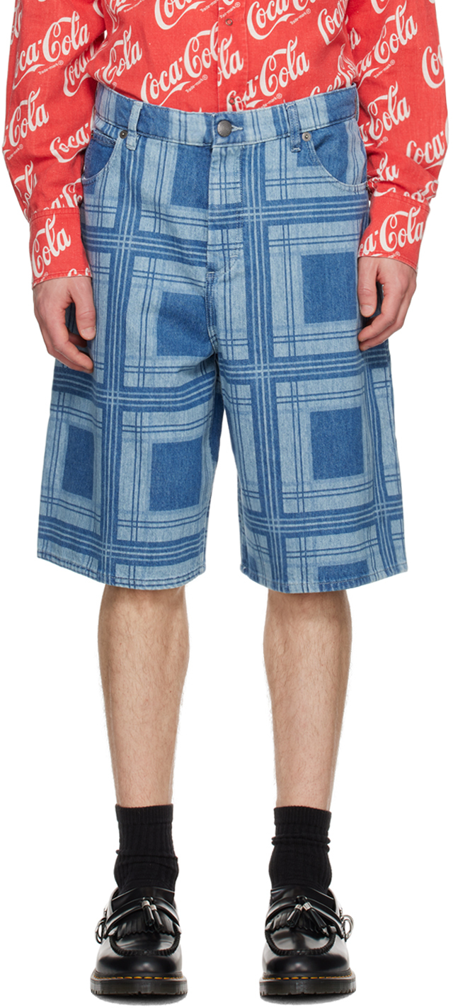 Blue Check Denim Shorts