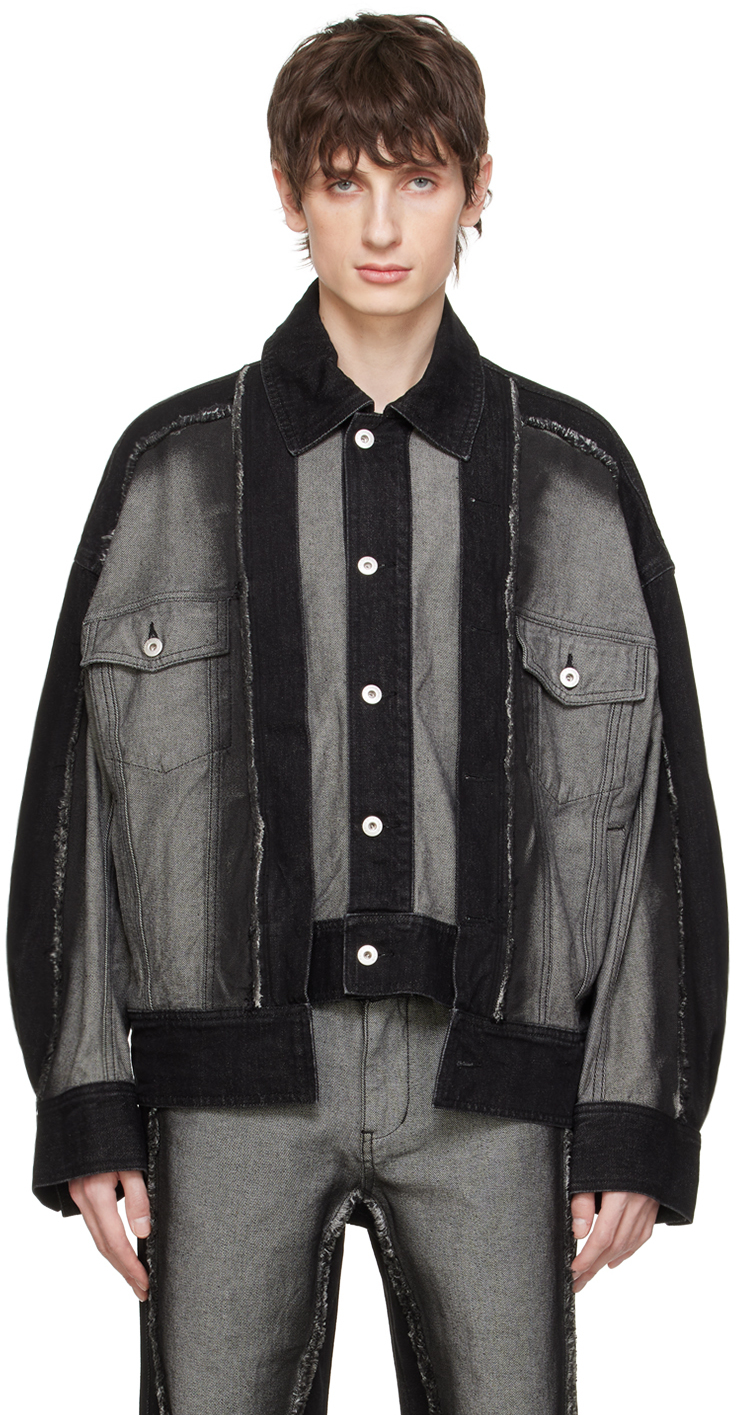 Black Paneled Denim Jacket by Feng Chen Wang on Sale