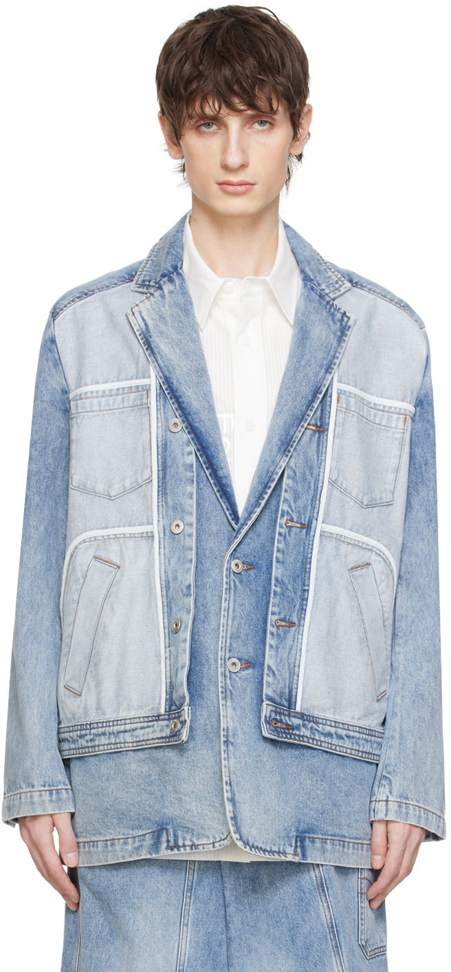 Feng Chen Wang: Blue Notched Lapel Denim Jacket