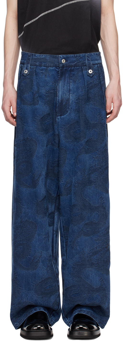 Shop Feng Chen Wang Blue Dragon Denim Trousers
