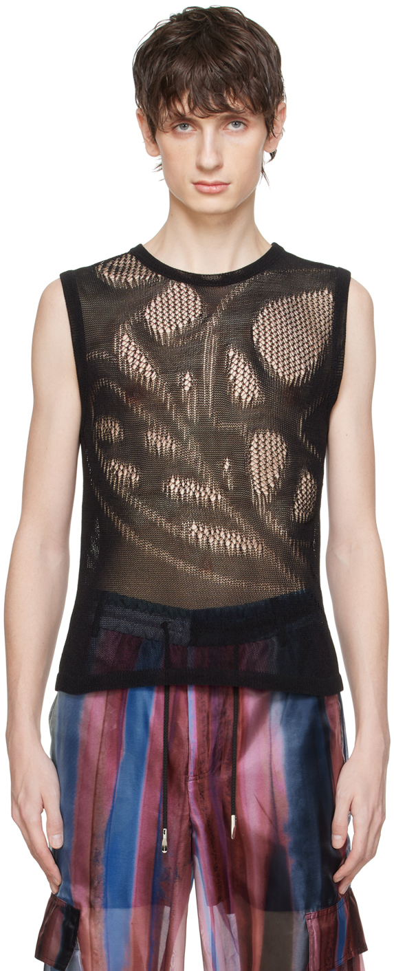 Black Open Knit Tank Top by Feng Chen Wang on Sale