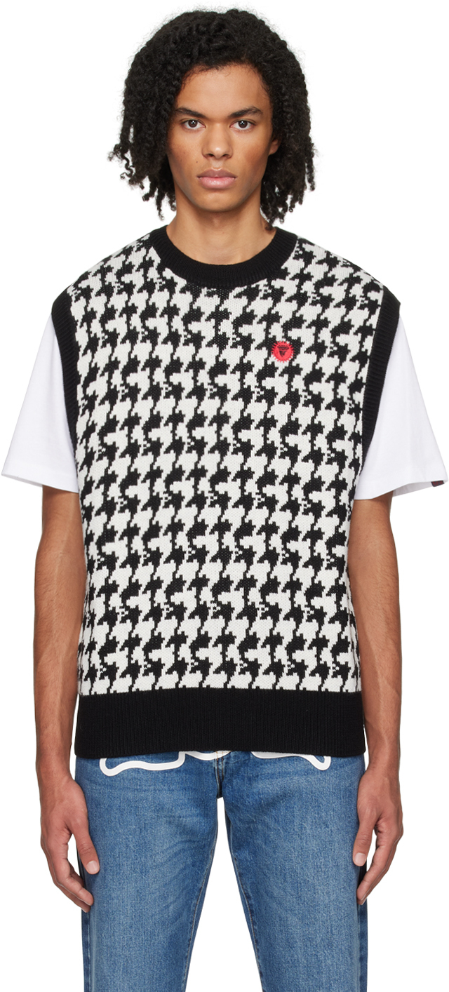 Icecream Mens Black And White Houndstooth-pattern Crewneck Knitted Vest