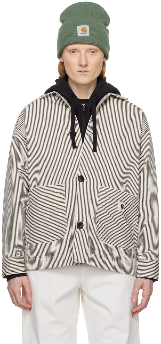 Shop Carhartt Black & Off-white Haywood Denim Coat In Haywood Stripe