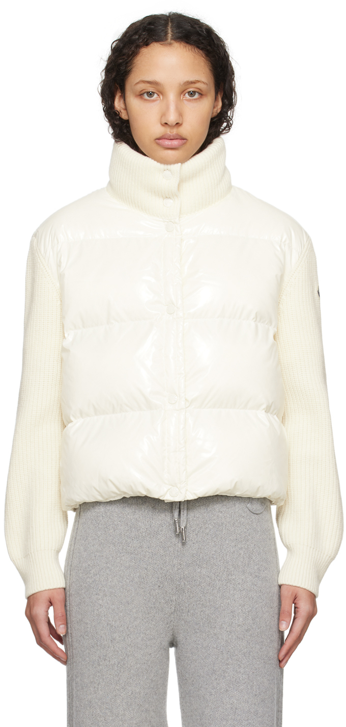 Shop Moncler Off-white Paneled Down Jacket In 35 White