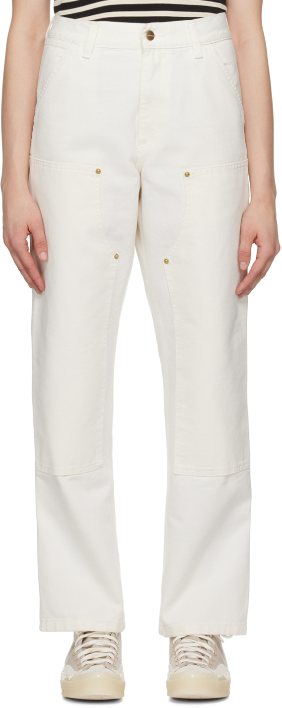 Shop Carhartt White Double Knee Trousers In Wax Rinsed