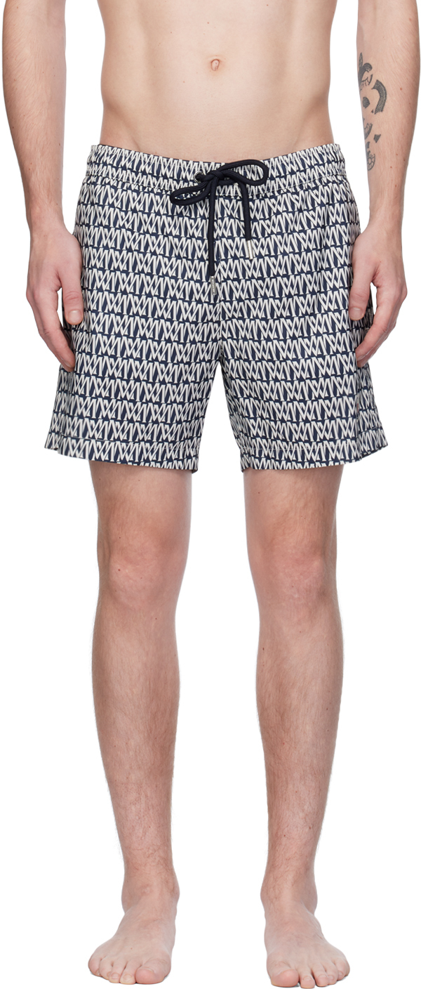 Shop Moncler Navy & White Printed Swim Shorts In P. M A/o Wht/nvy S70
