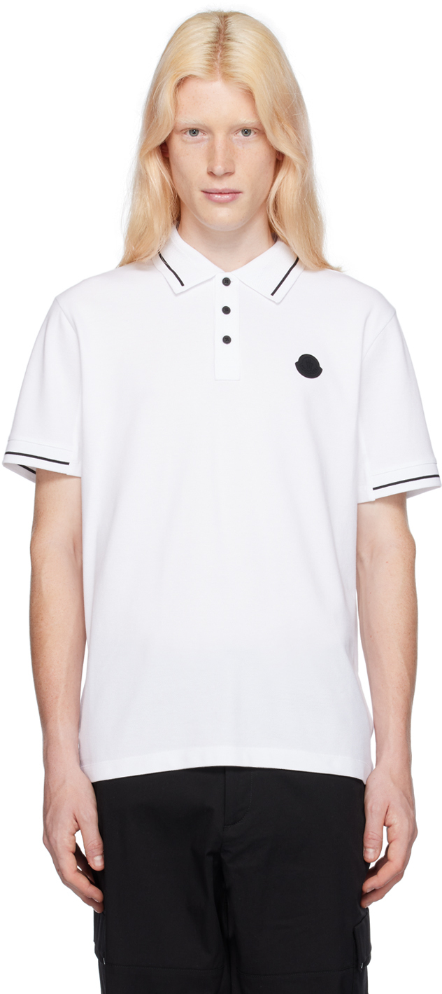 Moncler White Patch Polo In Brilliant White 001