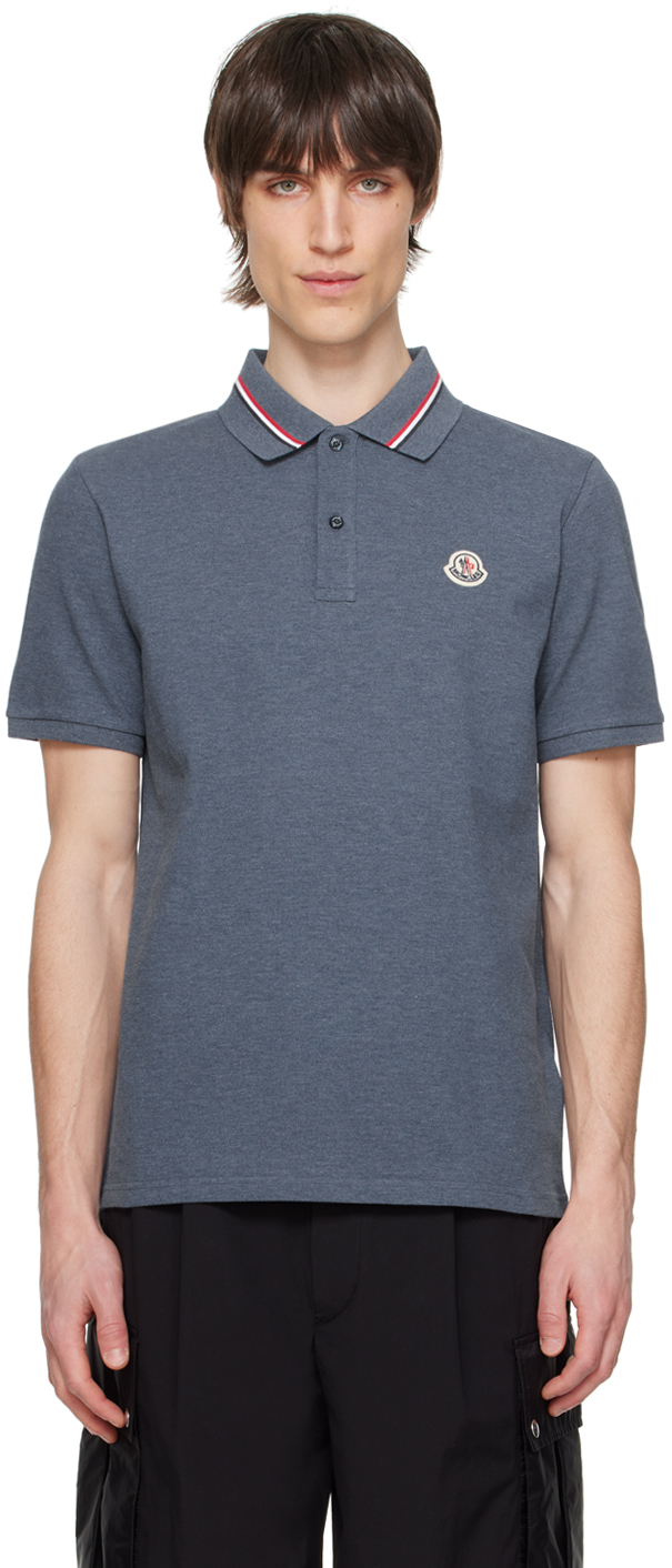 Moncler Blue Patch Polo In Dusty Blue 794