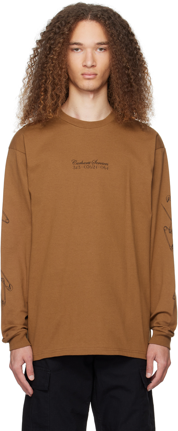 Shop Carhartt Brown Safety Pin Long Sleeve T-shirt In 08wxx Hamilton Brown