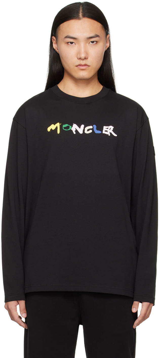 Moncler: ブラック ロゴプリント 長袖Tシャツ | SSENSE 日本