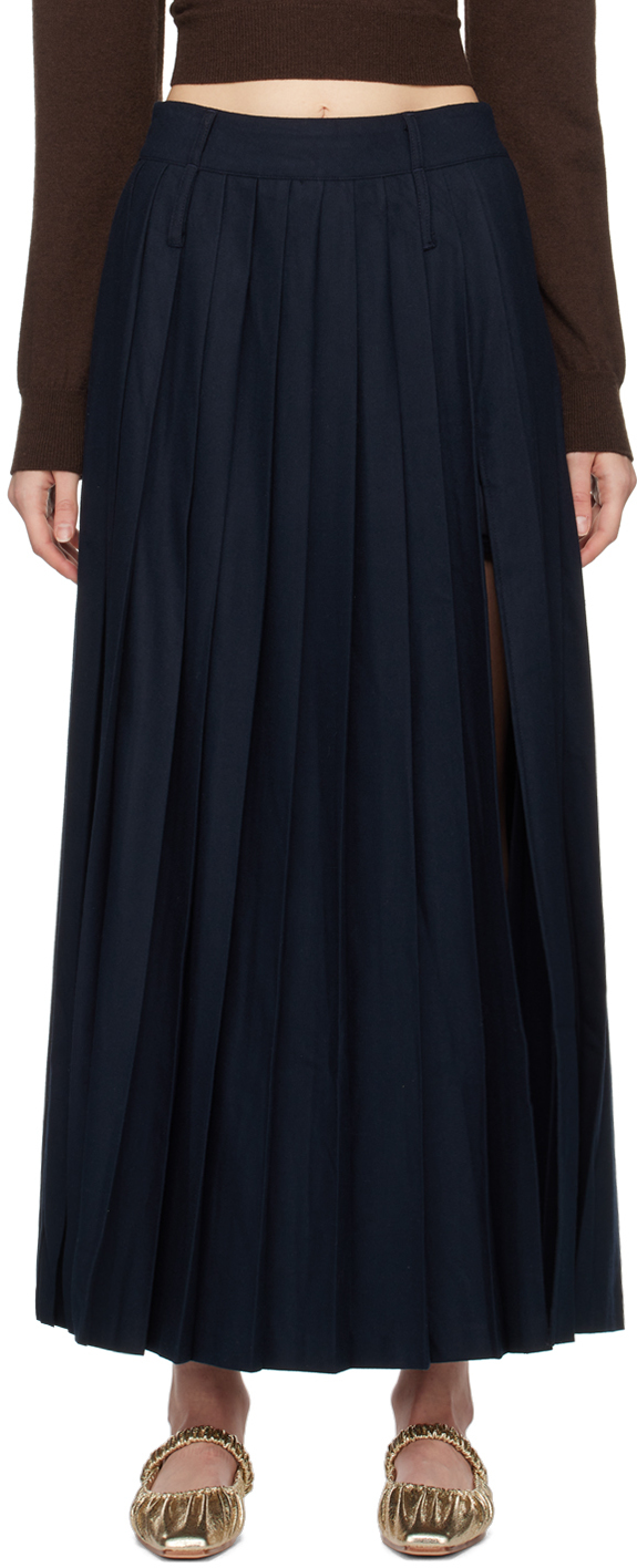 The Frankie Shop Bailey Long Pleated Wool Blend Skirt In Navy