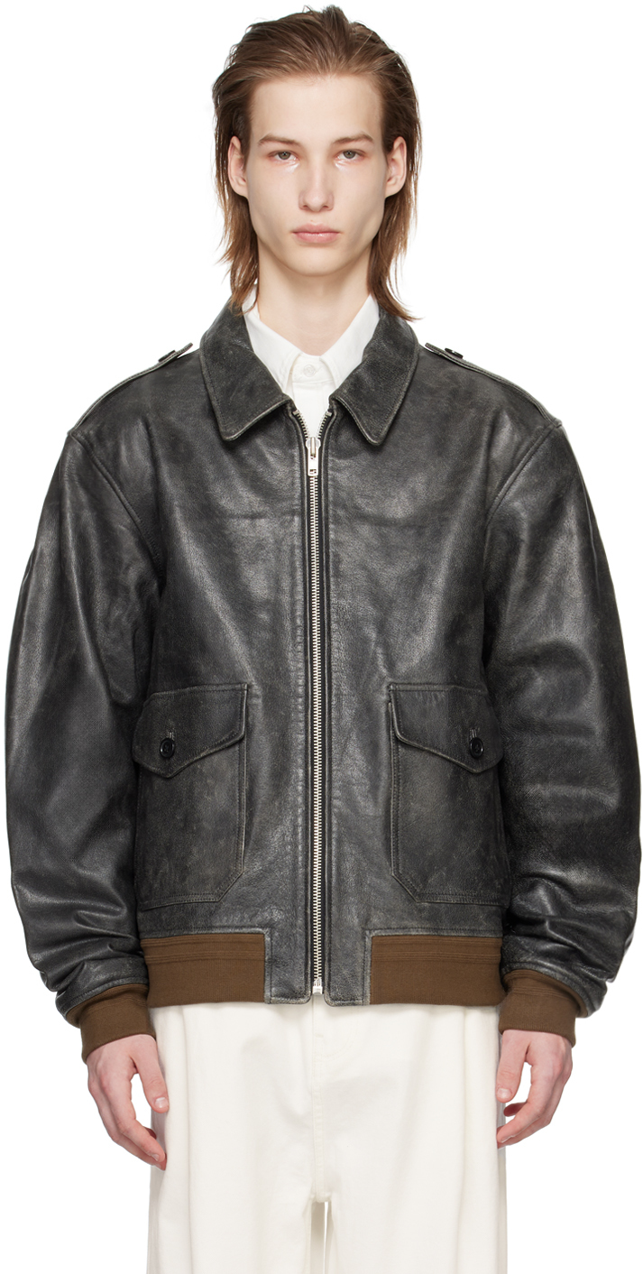 Shop The Frankie Shop Gray Wyatt Leather Bomber Jacket In Charcoal