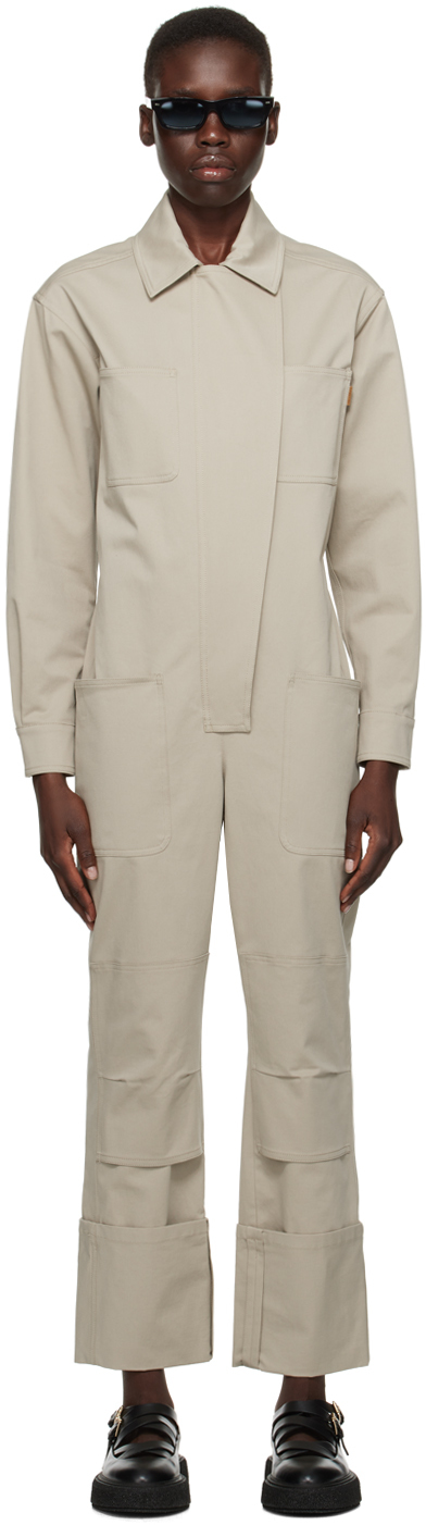 Max Mara Cotton Gabardine Jumpsuit W/shirt Collar In Light Khaki