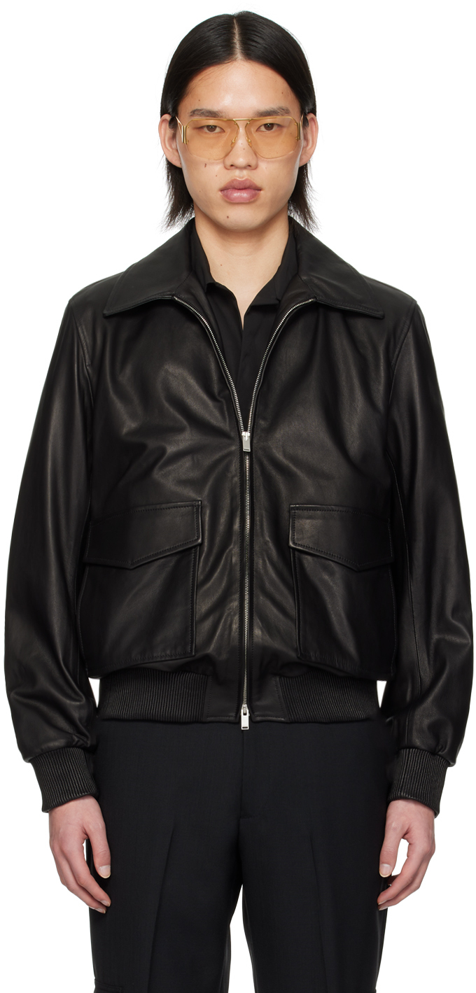 Black Flap Pocket Leather Jacket