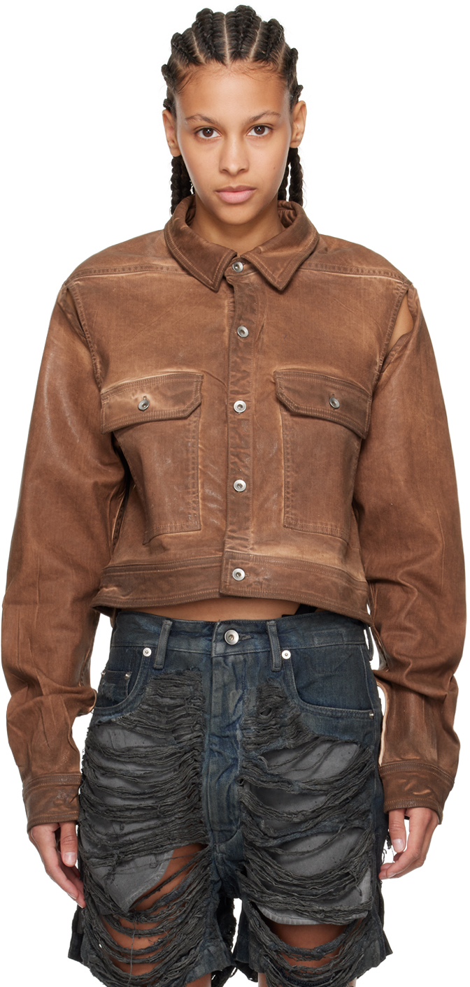 Brown Cape Sleeve Cropped Denim Jacket