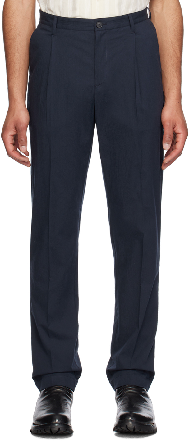Shop Sunspel Navy Pleated Trousers