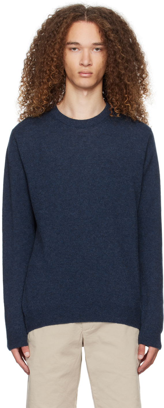 Shop Sunspel Navy Crewneck Sweater In Navy Melange3