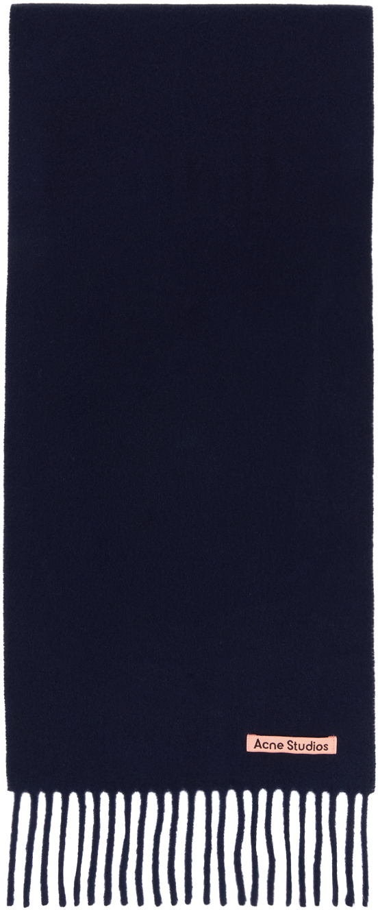 Acne Studios Navy Fringe Wool Scarf In 885 Navy Blue