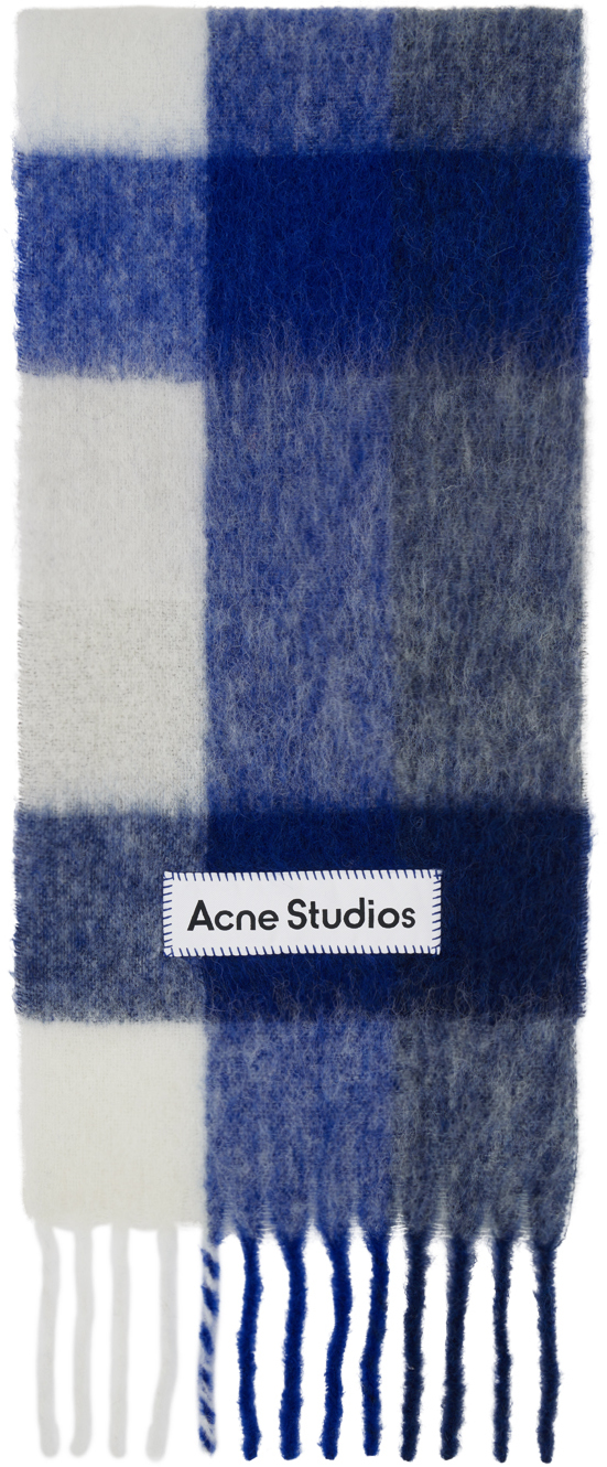 Blue & White Mohair Checked Scarf