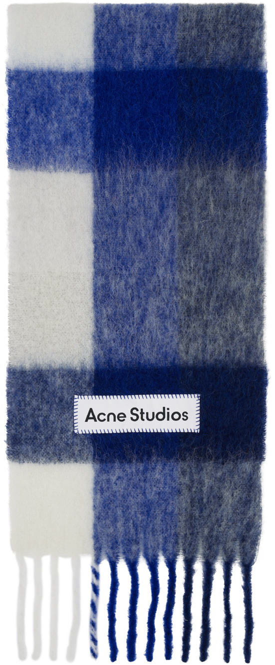 Acne Studios Blue & White Mohair Checked Scarf In Dl7 White/grey/royal