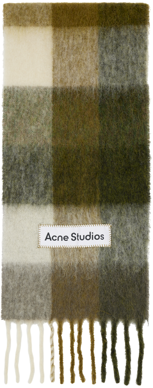 Acne Studios Green Mohair Checked Scarf In Did Taupe/green/bla