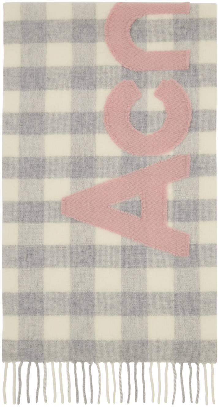 Shop Acne Studios Gray & White Check Logo Scarf In Ans Grey/pink