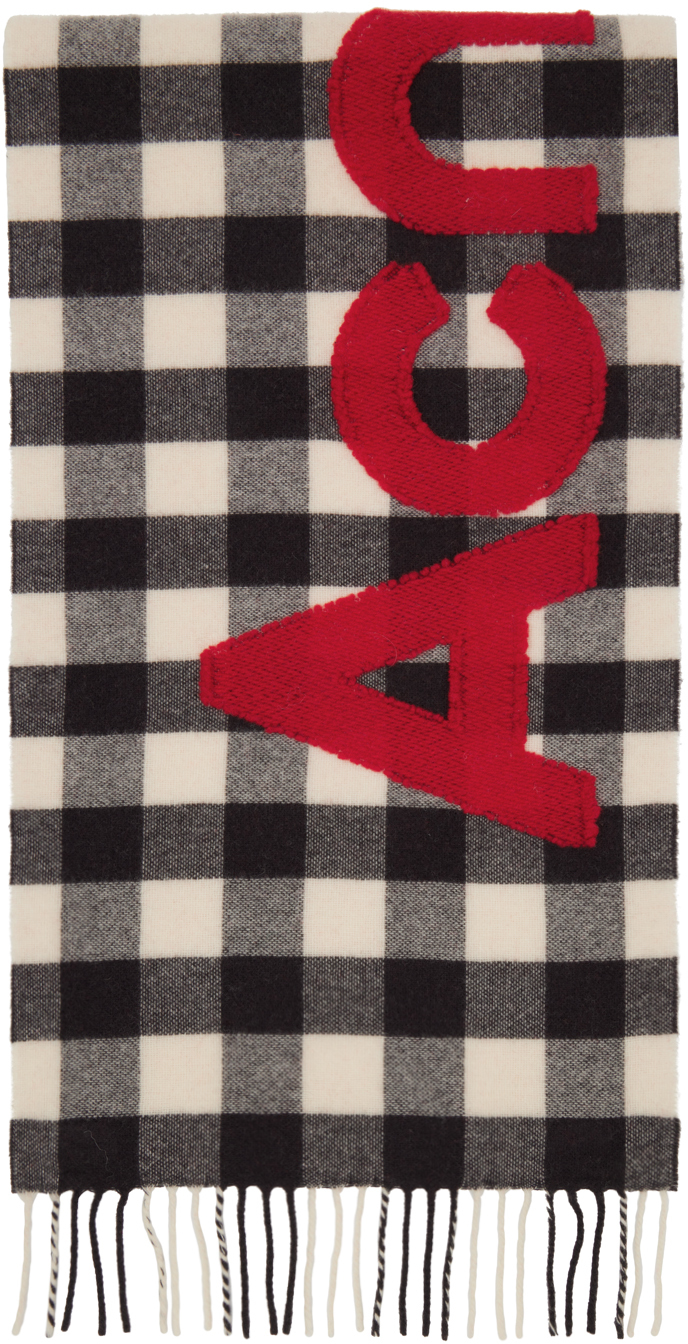 Shop Acne Studios Gray & White Check Logo Scarf In Dj3 Carbon Grey/red