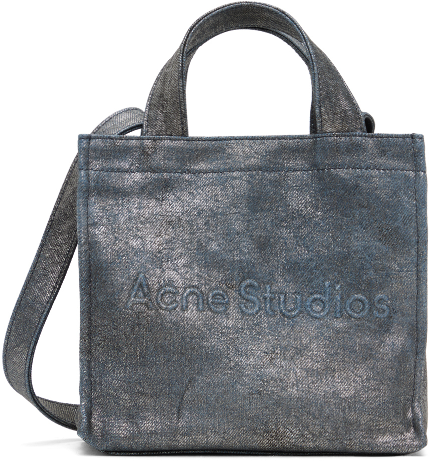 Shop Acne Studios Silver & Blue Logo Mini Shoulder Tote In Bbr Silver/blue