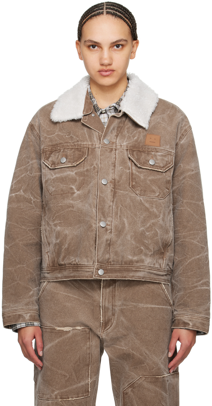 Acne Studios Faux Shearling-trimmed Padded Distressed Denim Jacket In Toffee Brown