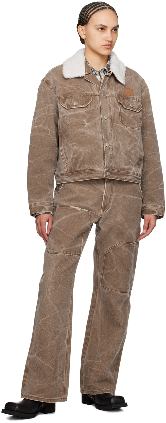Acne Studios Faux Shearling-trimmed Padded Distressed Denim Jacket In All Toffee Brown