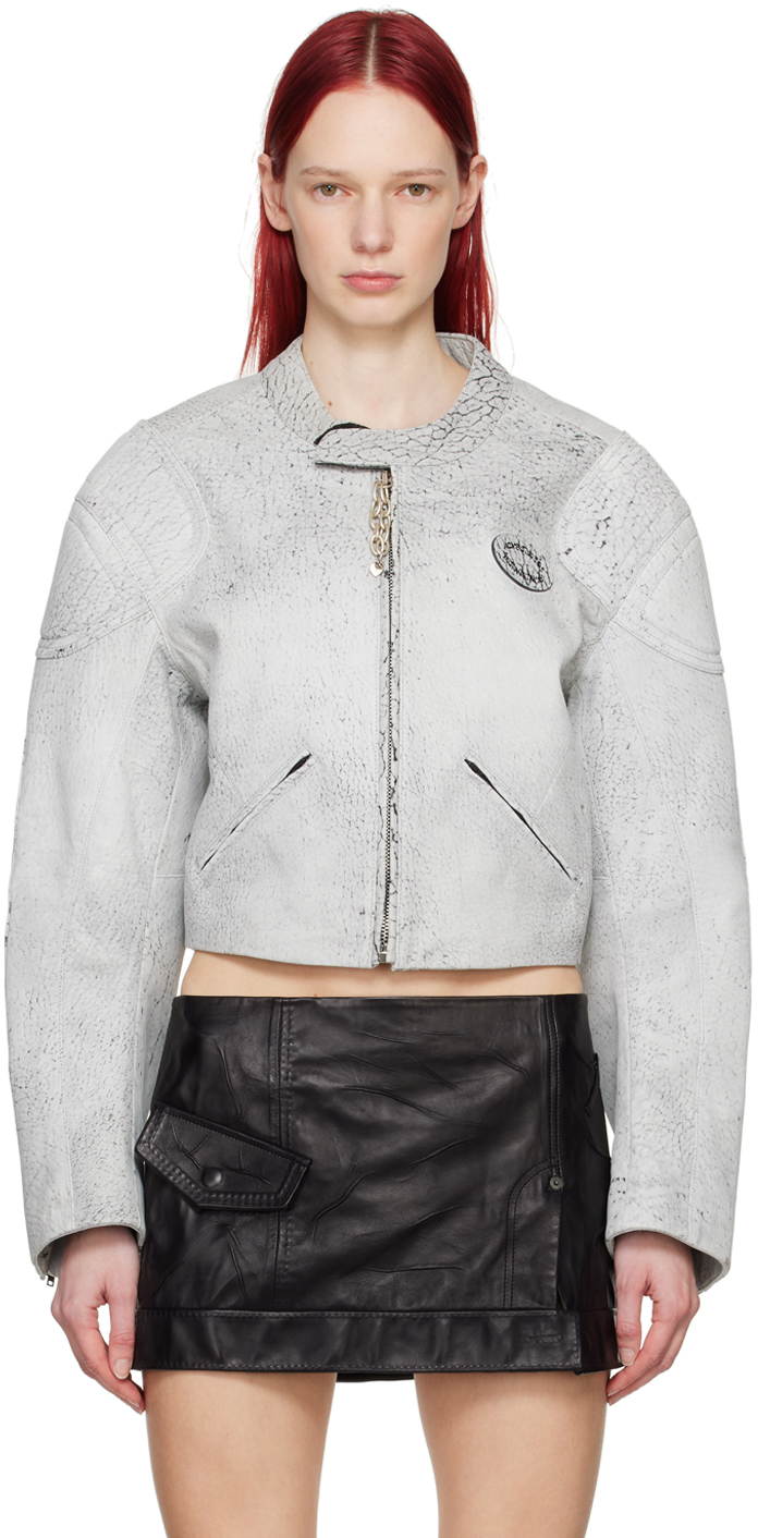 Shop Acne Studios Gray Cracked Leather Jacket In Ama Grey/black