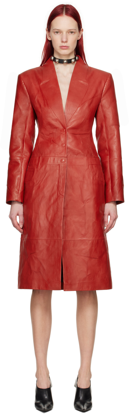 Red Pinched Seams Leather Coat