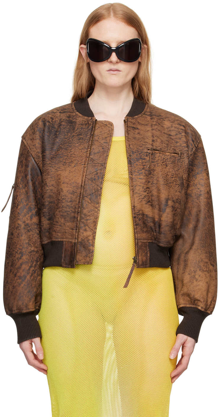 Brown Cropped Leather Bomber Jacket