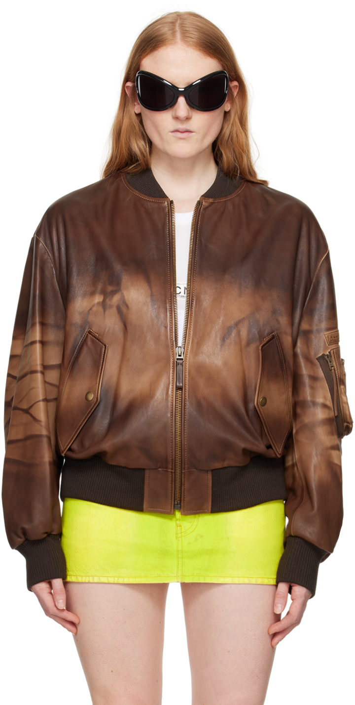 Brown Relaxed Fit Leather Bomber Jacket