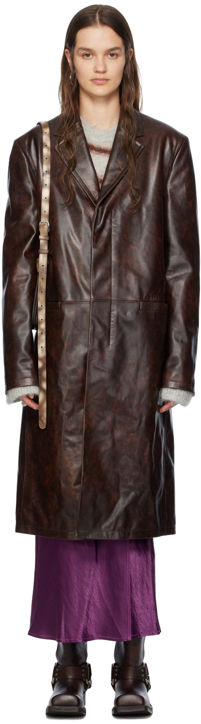 Brown Notched Lapel Leather Coat