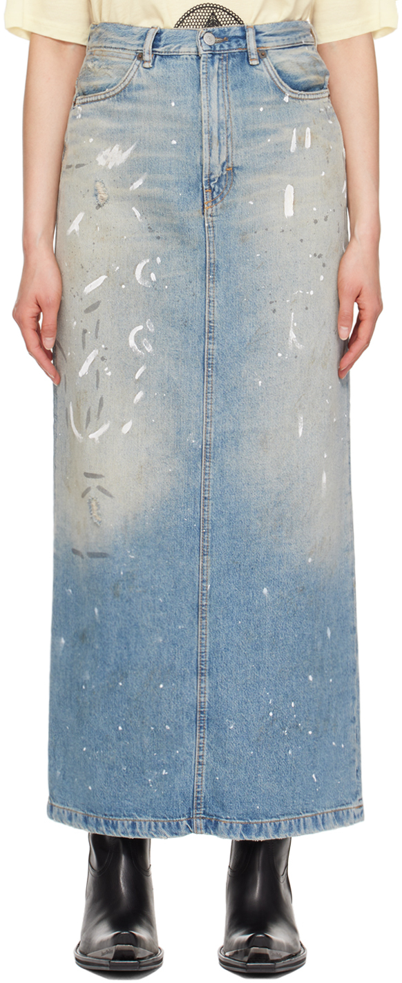 Shop Acne Studios Blue Paint Splatter Denim Maxi Skirt In 228 Light Blue