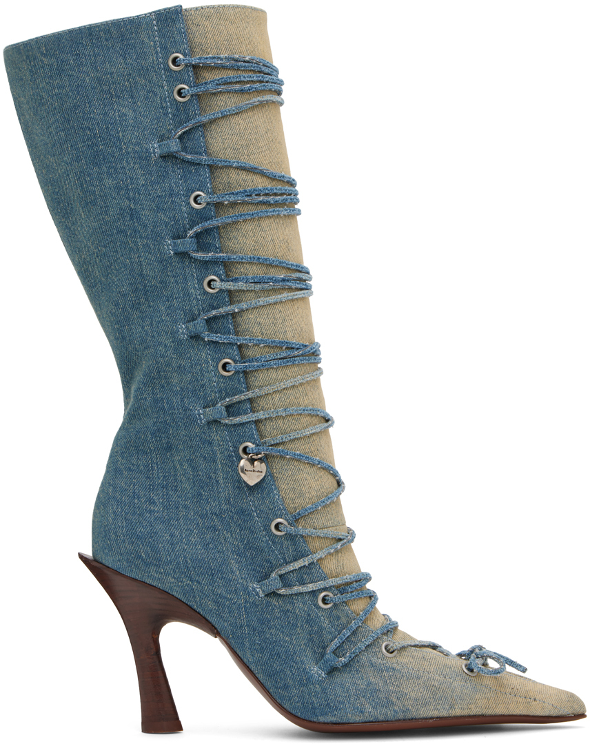 Shop Acne Studios Blue Lace-up Heel Boots In Aat Dusty Blue