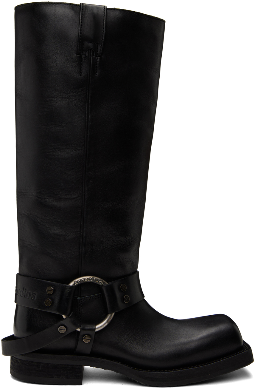Black Leather Buckle Tall Boots