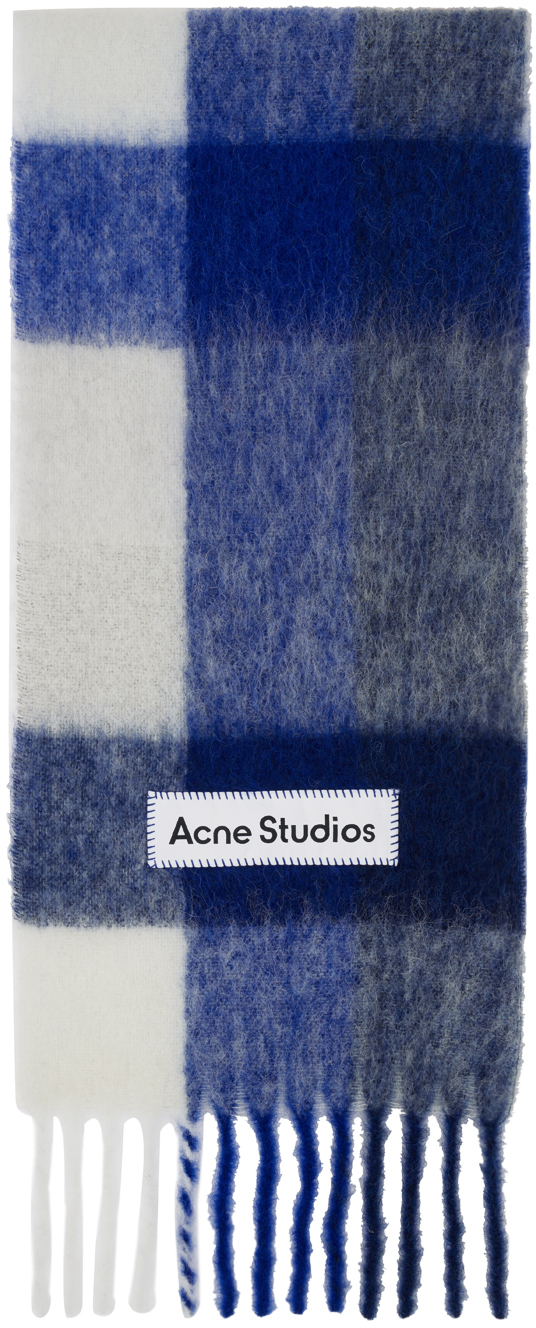 Shop Acne Studios Blue & White Checked Scarf In Dl7 White/grey/blue