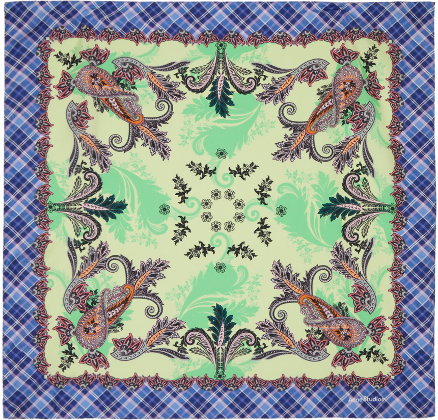 Acne Studios Green & Blue Printed Silk Scarf SSENSE