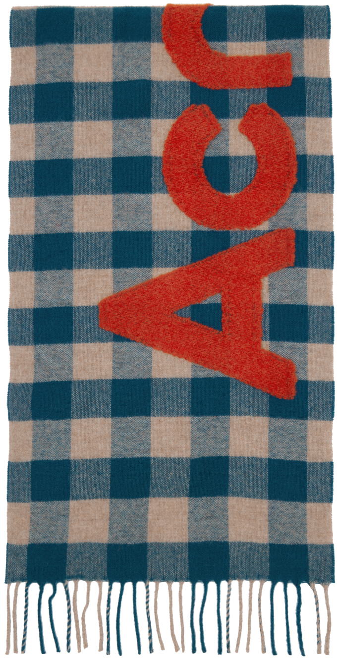 Shop Acne Studios Blue & Beige Check Logo Scarf In Cup Turquoise Blue/o