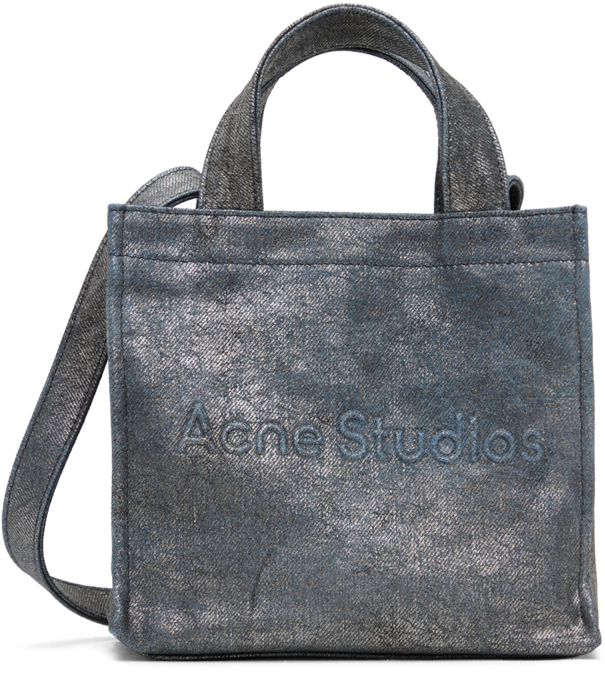 Shop Acne Studios Silver & Blue Logo Mini Shoulder Tote In Bbr Silver/blue