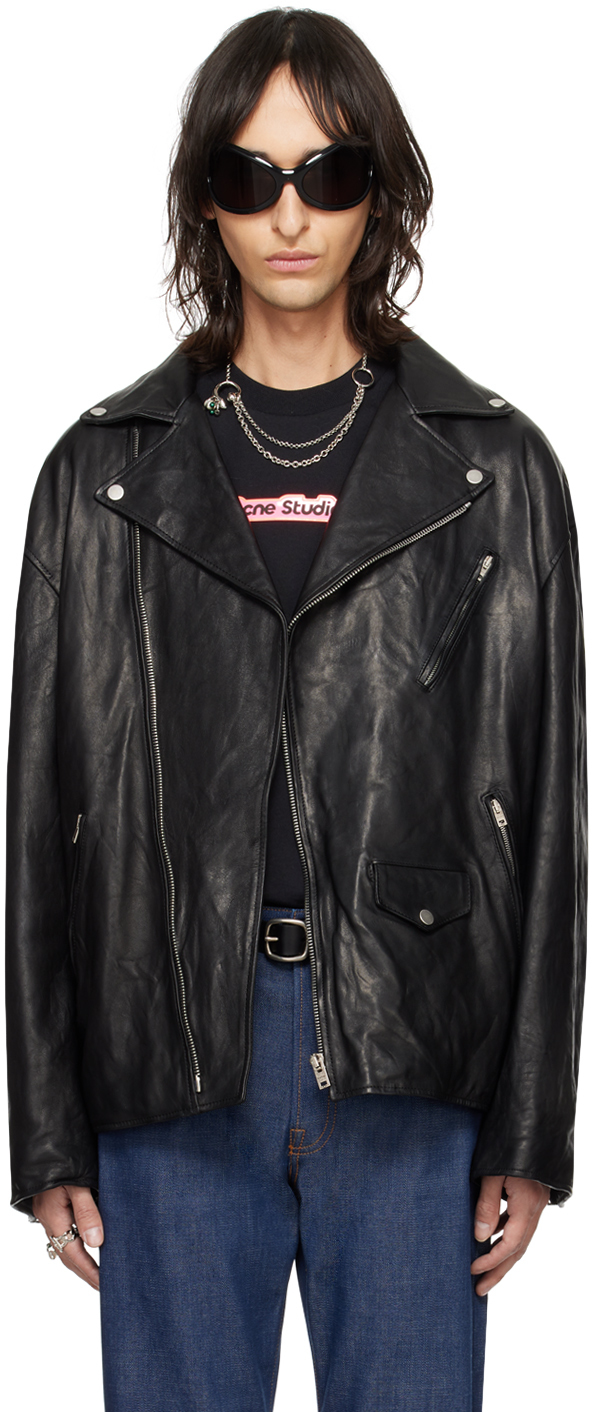 Acne Studios Black Distressed Leather Jacket In 900 Black