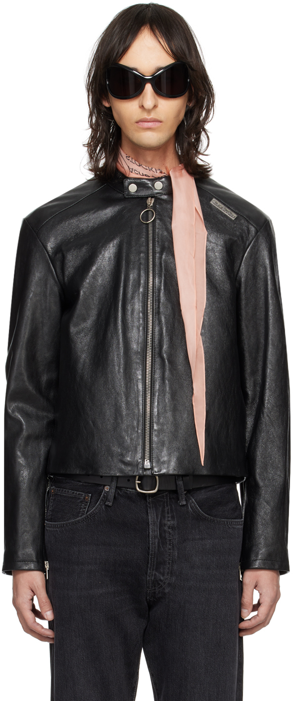 Acne Studios: Black Band Collar Leather Jacket | SSENSE